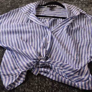 SOLD - Blue and White Stripped Cropped Button Down